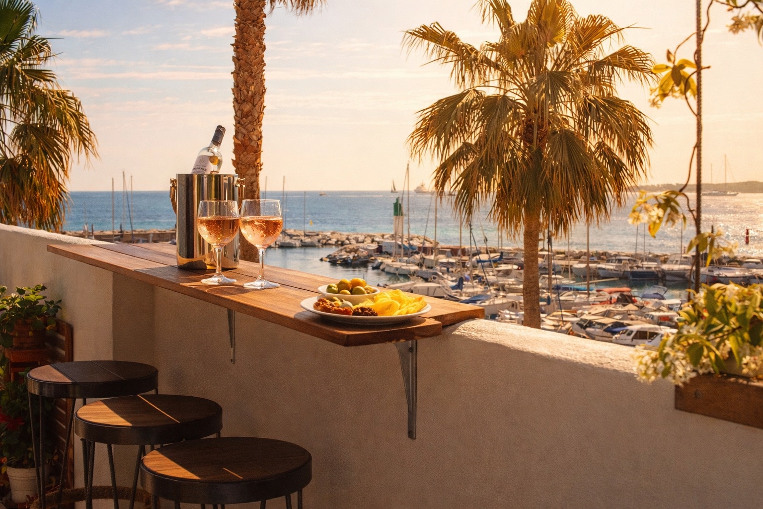 Terrace at sunset overlooking the sea and marina in Cannes
