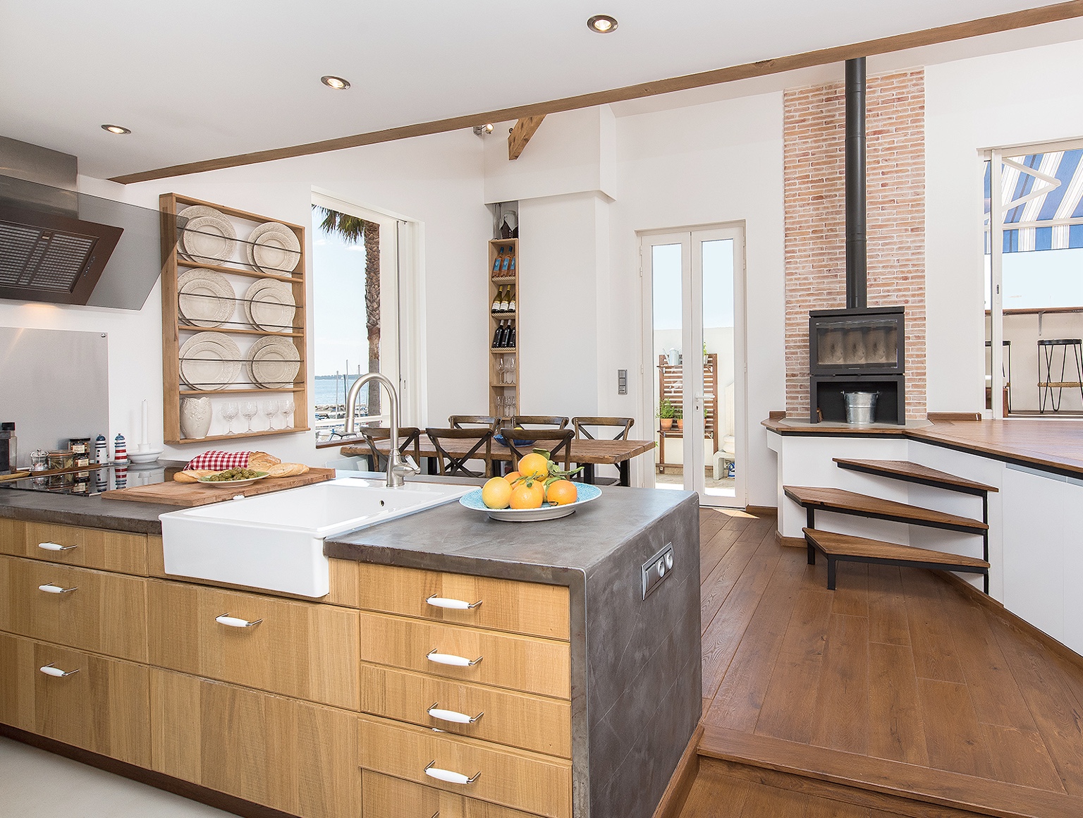 Kitchen with island and dining table