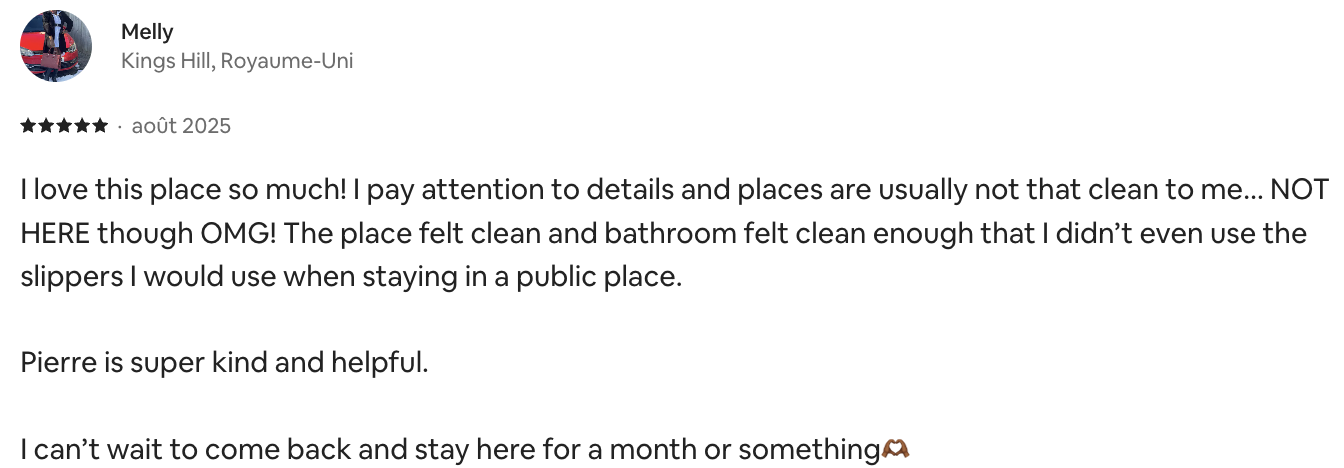 Airbnb review from Melly